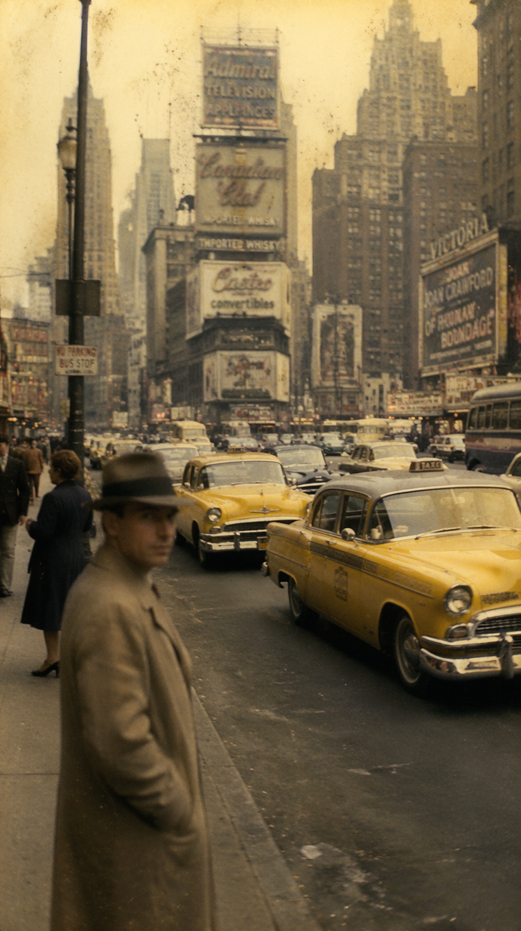 Travel vintage bygate med gule drosjer