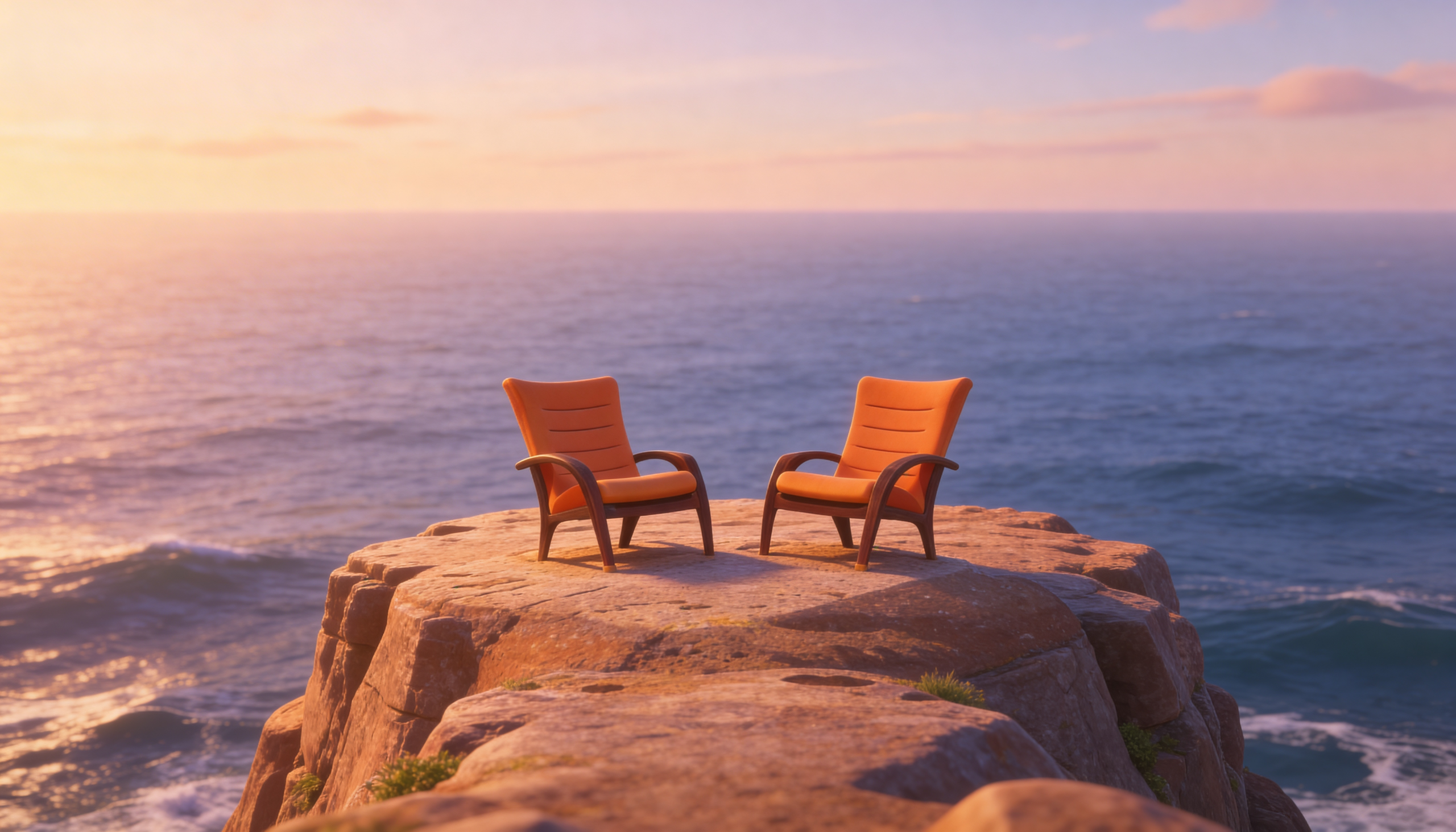 To oransje lenestoler på en klippe ved havet i solnedgang